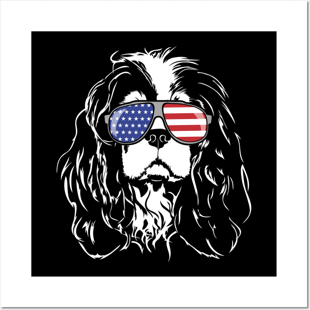 Proud Cavalier King Charles Spaniel American Flag sunglasses Wall Art by wilsigns